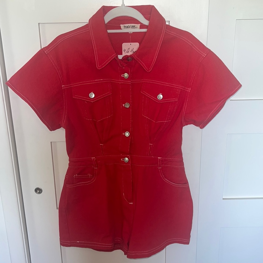 Red denim romper